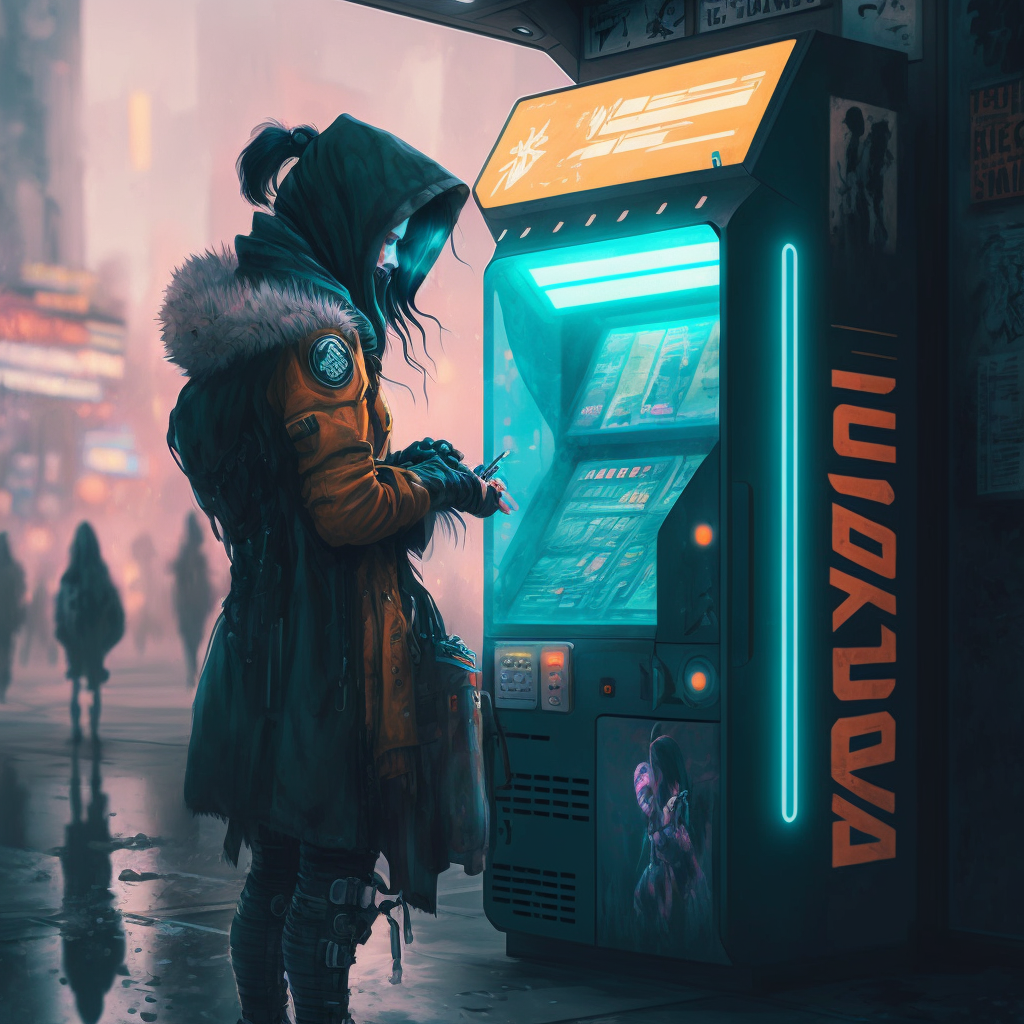Cyberpunk image of someone shopping at a kiosk